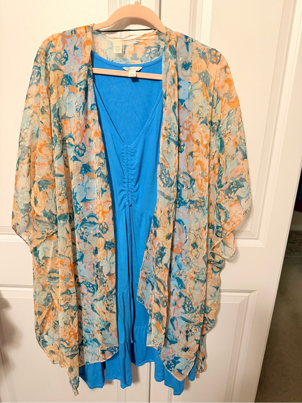 Cato Floral Sheer Kimono Cape - Blue, Cream & Peach